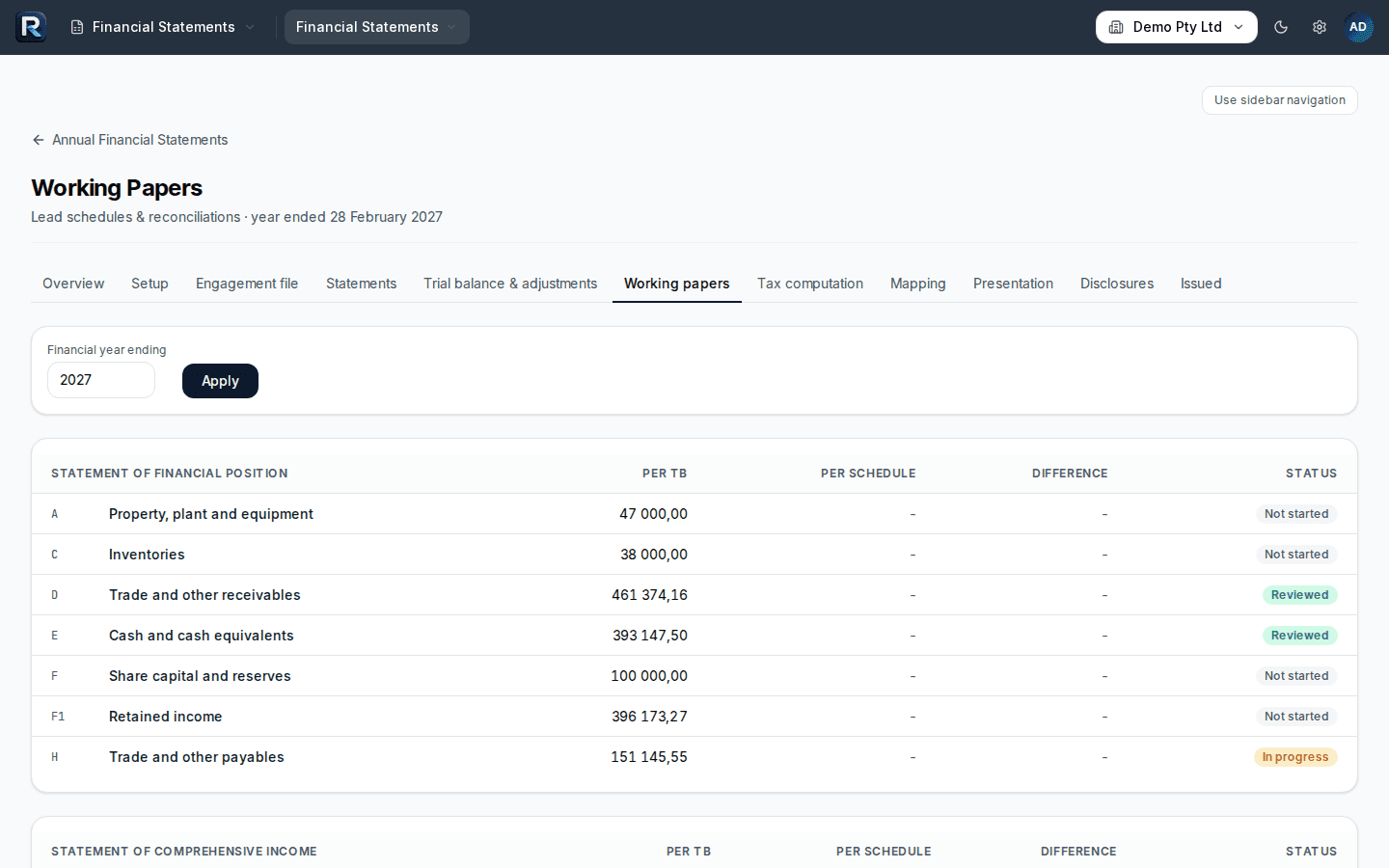 Working papers in the Financial Statements module