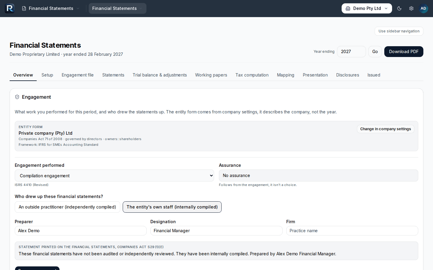 An annual financial statements engagement showing the file state