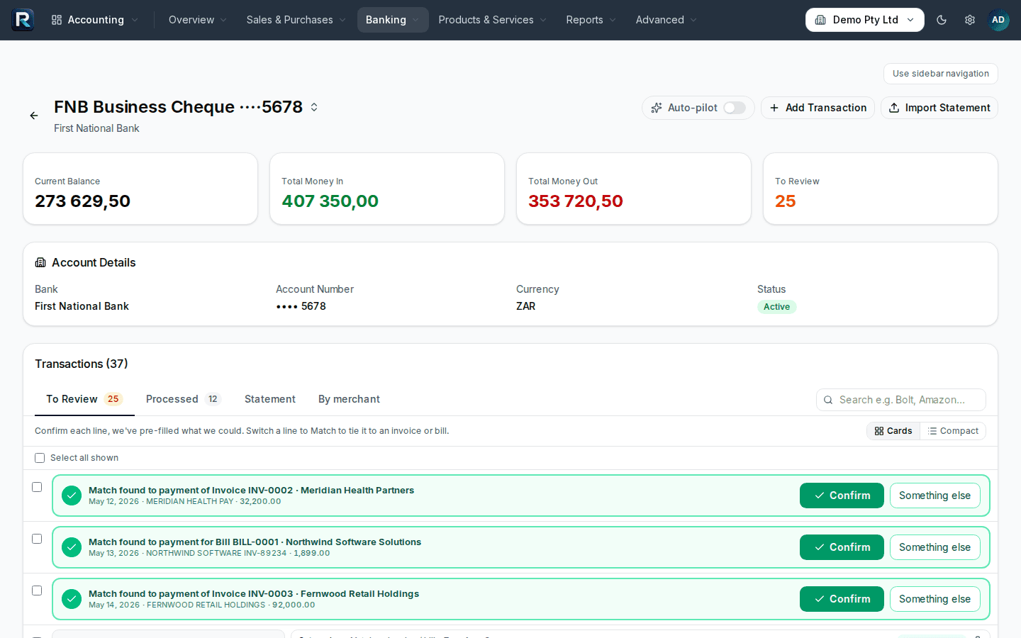 The banking screen with a statement's suggested categories waiting for approval and one paired transfer