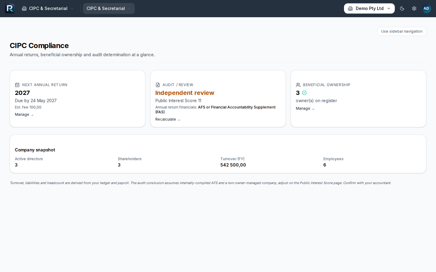 The CIPC compliance status screen