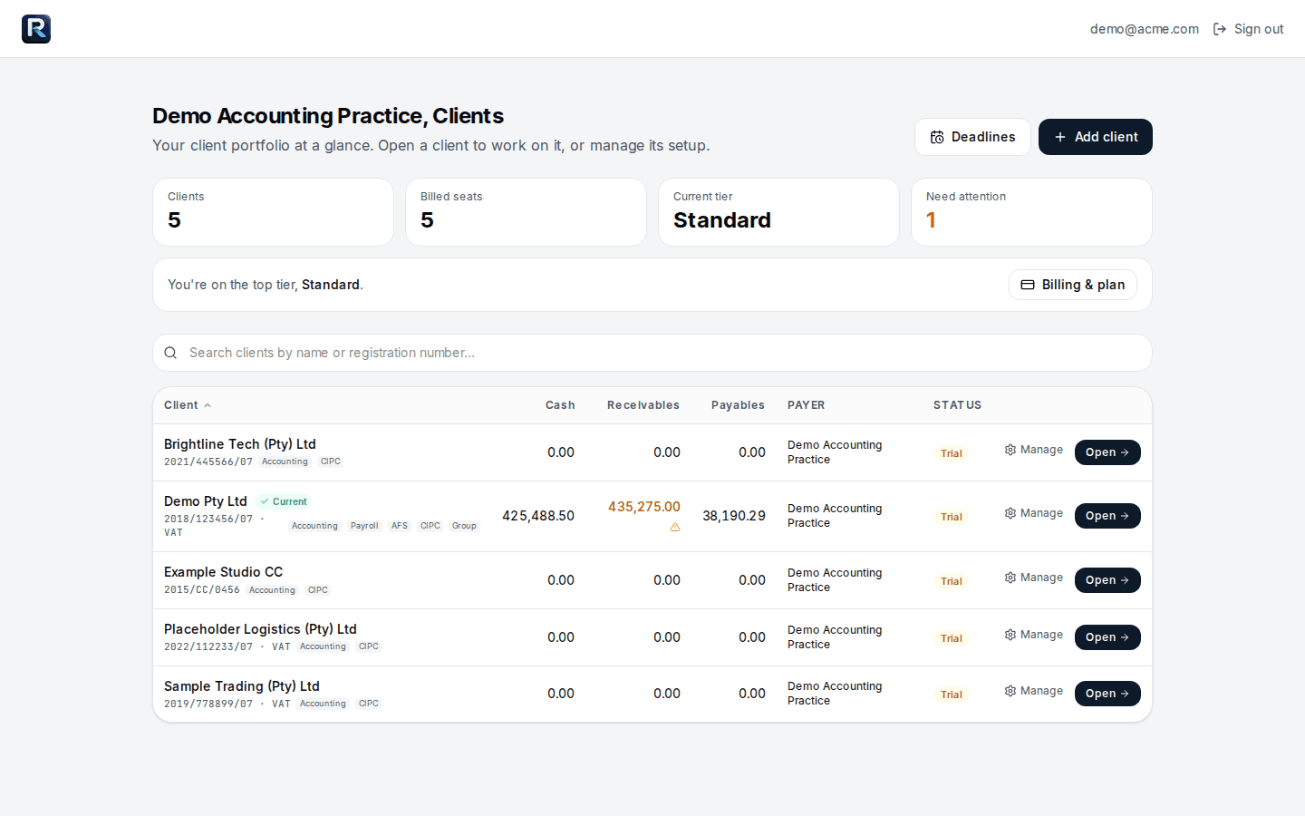 The practice's company list with several sample client companies