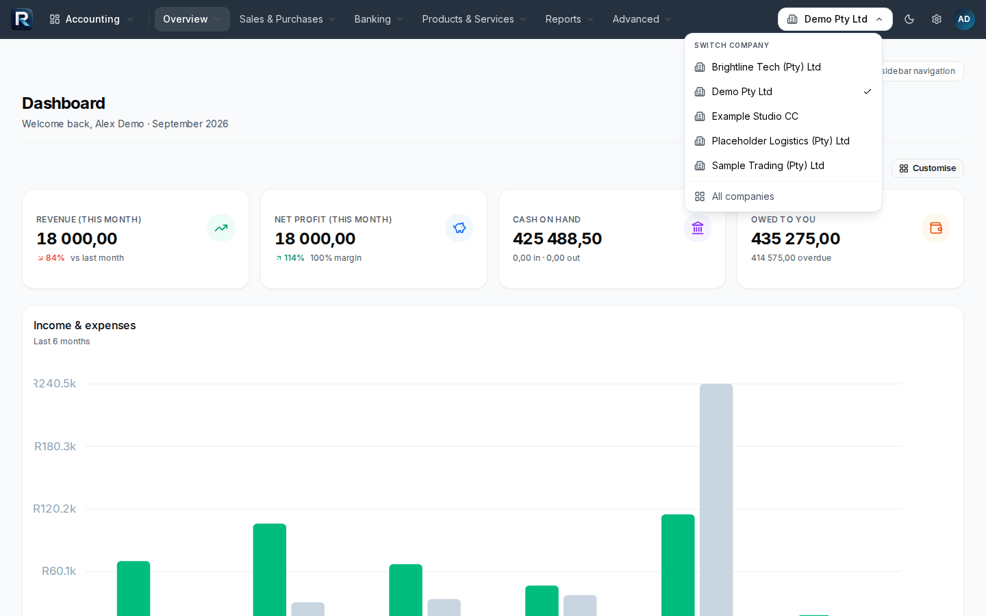 The company picker, switching between client companies