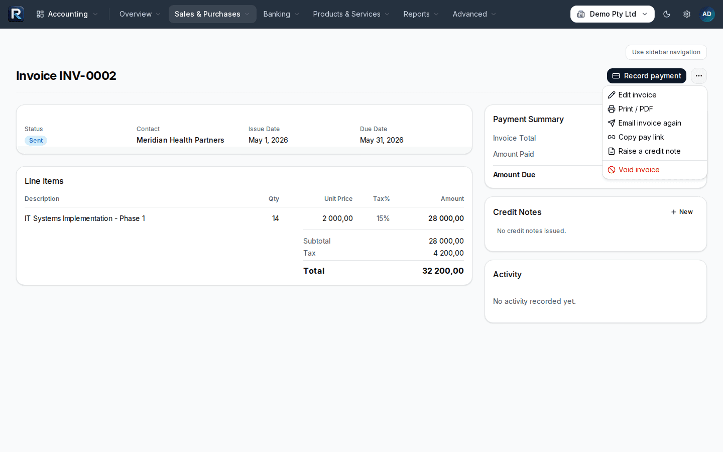 The invoices list in the sample company